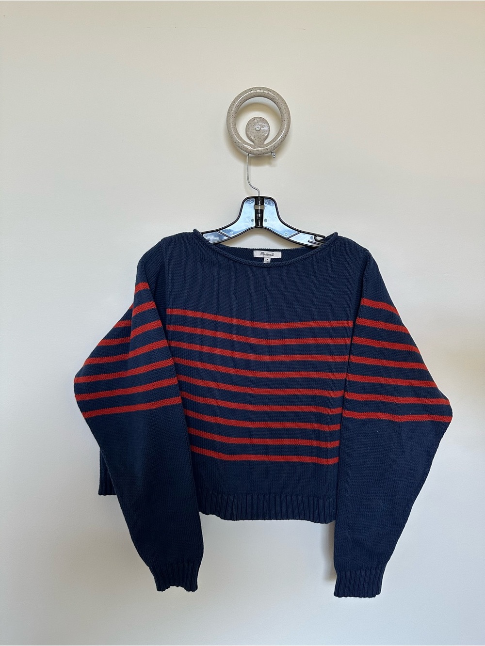 Madewell Navy Crewneck Rolled Neck Cotton Sweater with Red Stripes